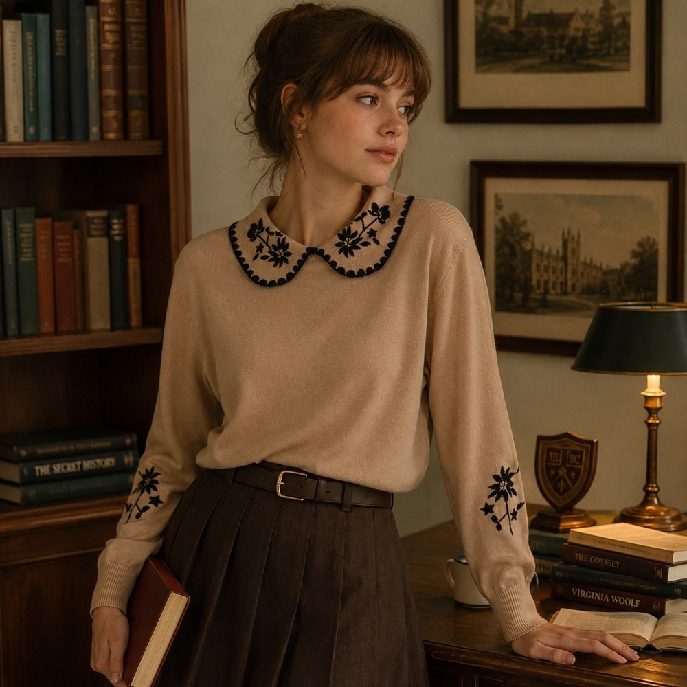 Peter Pan Collar Embroidered Sweater Sz XL (fits like large) Beige